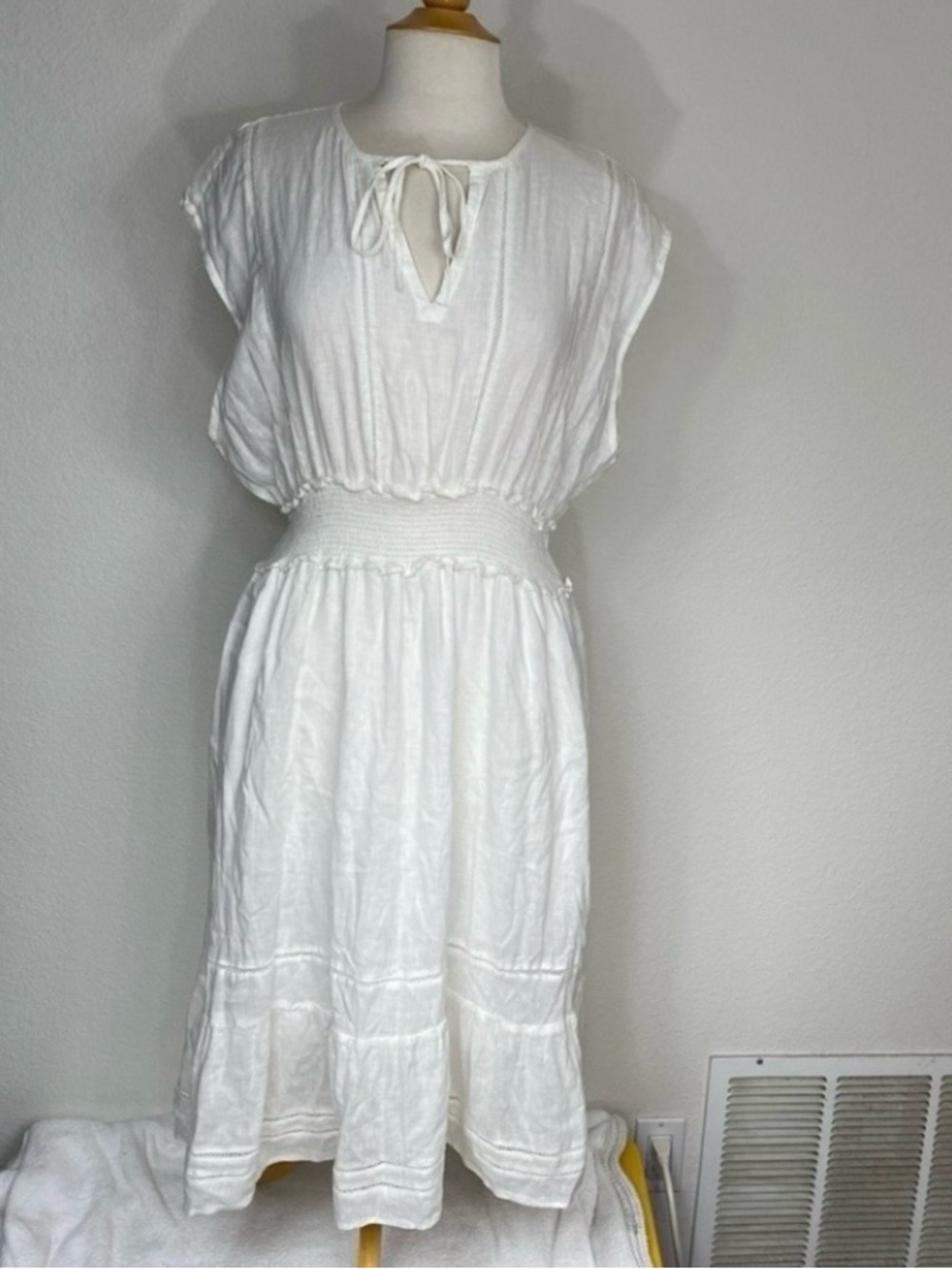 NWT New Rails Women White Ashlyn Linen Mix Smock Waist Tiered Midi Dress XL Boho